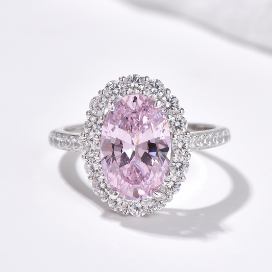 5.6 ct Halo Oval Brilliant Cut High Carbon Diamond Pavé Ring - Rhodium Plated Sterling Silver - Pink - Ring - ONNNIII