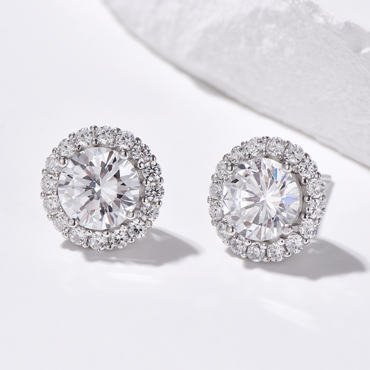 Halo Round Cut High Carbon Diamond Stud Earrings - Rhodium Plated Sterling Silver - Earrings - ONNNIII