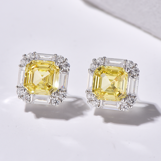 Halo Asscher Cut High Carbon Diamond Stud Earrings - Rhodium Plated Sterling Silver - Yellow - Earrings - ONNNIII