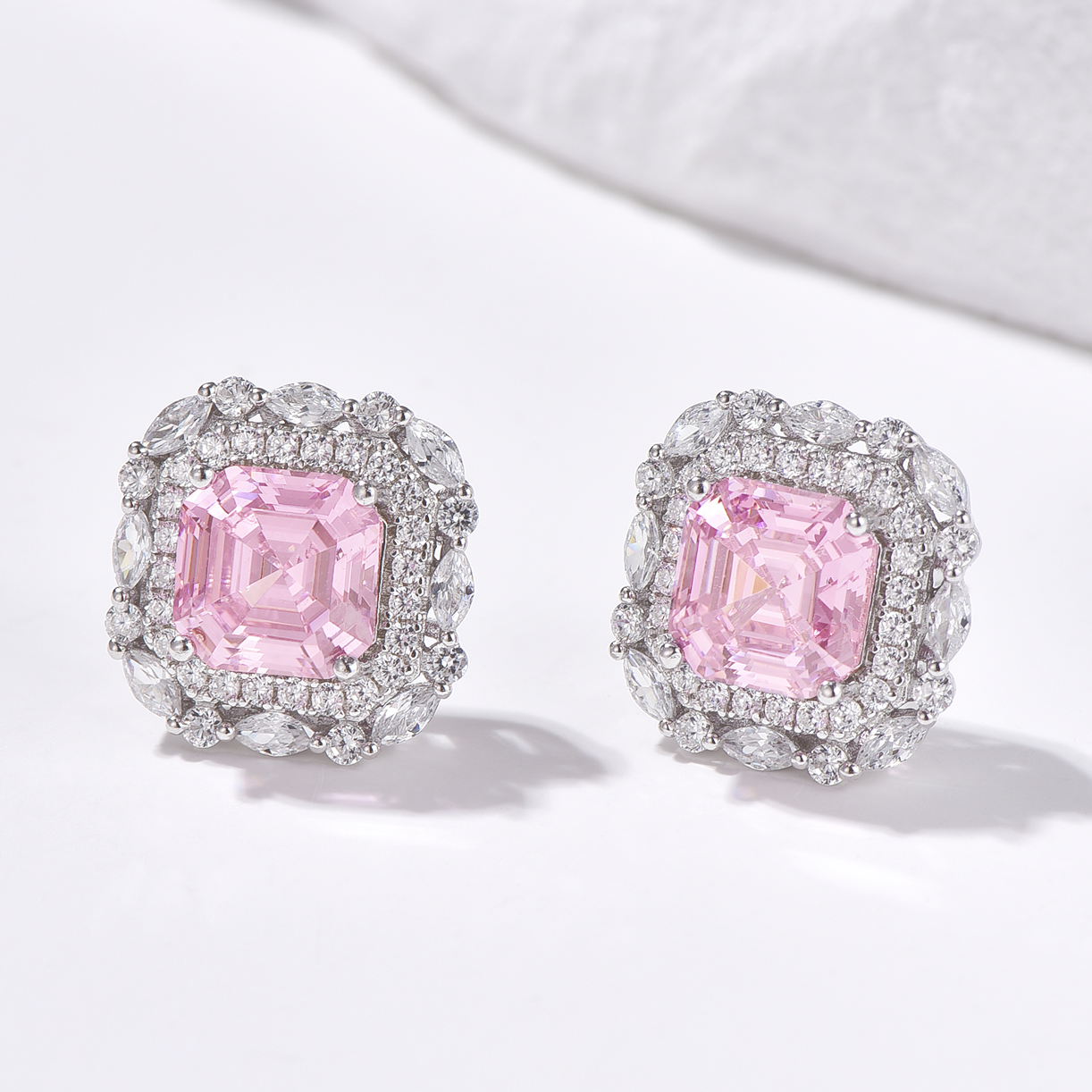 Double Halo Asscher Cut High Carbon Diamond Stud Earrings - Rhodium Plated Sterling Silver - Pink - Earrings - ONNNIII