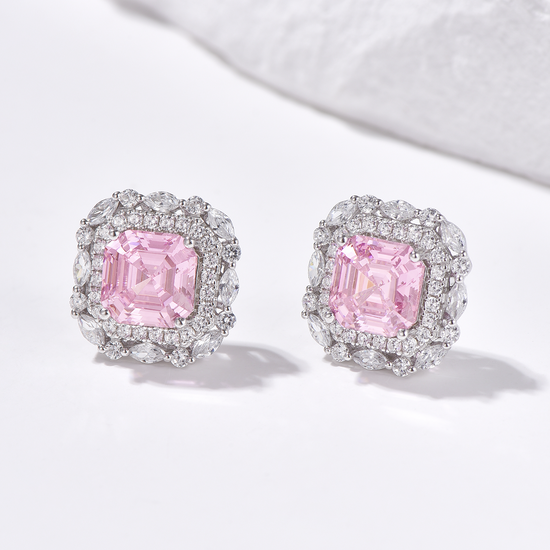 Double Halo Asscher Cut High Carbon Diamond Stud Earrings - Rhodium Plated Sterling Silver - Pink - Earrings - ONNNIII