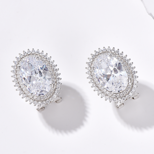 Double Halo Oval Brilliant Cut High Carbon Diamond Earrings - Omega Back - Rhodium Plated Sterling Silver - Earrings - ONNNIII