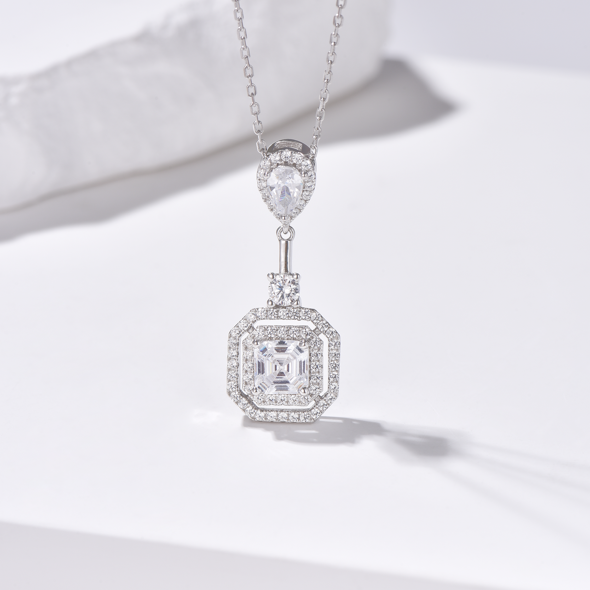 3 Stone Pendants Necklace - Halo Pear Round Asscher Cut High Carbon Diamonds - Rhodium Plated Sterling Silver - Necklace - ONNNIII
