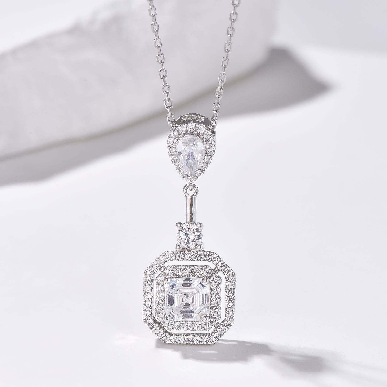 3 Stone Pendants Necklace - Halo Pear Round Asscher Cut High Carbon Diamonds - Rhodium Plated Sterling Silver - Necklace - ONNNIII