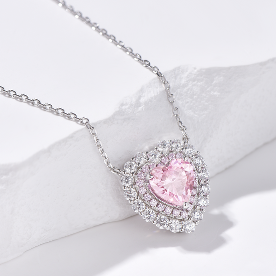 Double Halo Heart Cut High Carbon Diamond Pendant Necklace - Rhodium Plated Sterling Silver - Pink - Necklace - ONNNIII