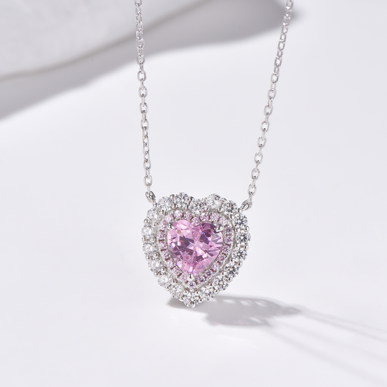 Double Halo Heart Cut High Carbon Diamond Pendant Necklace - Rhodium Plated Sterling Silver - Pink - Necklace - ONNNIII