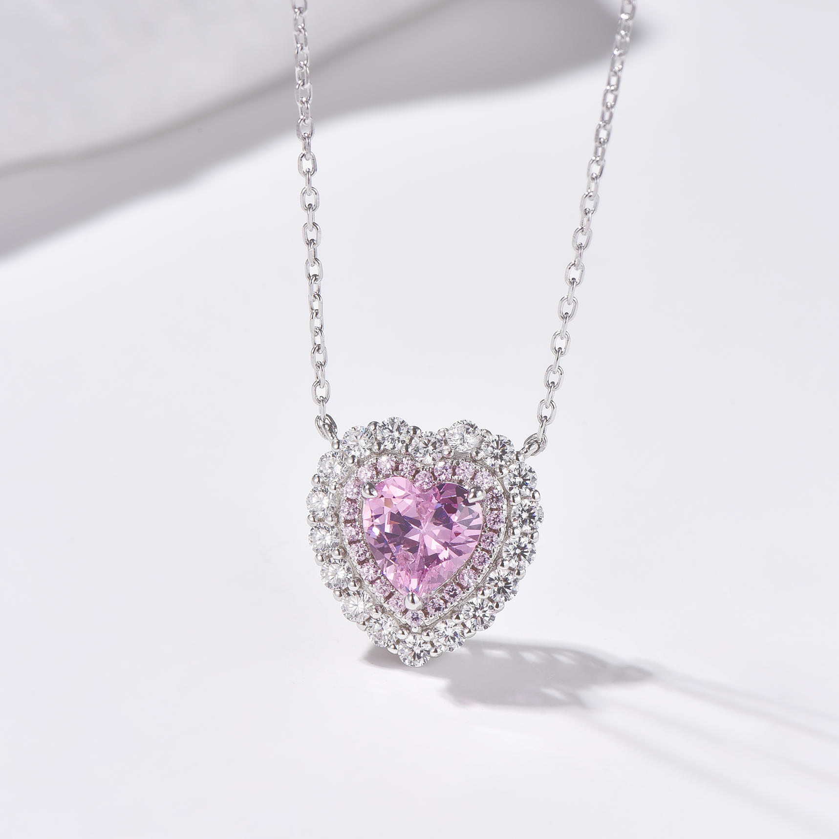 Double Halo Heart Cut High Carbon Diamond Pendant Necklace - Rhodium Plated Sterling Silver - Pink - Necklace - ONNNIII