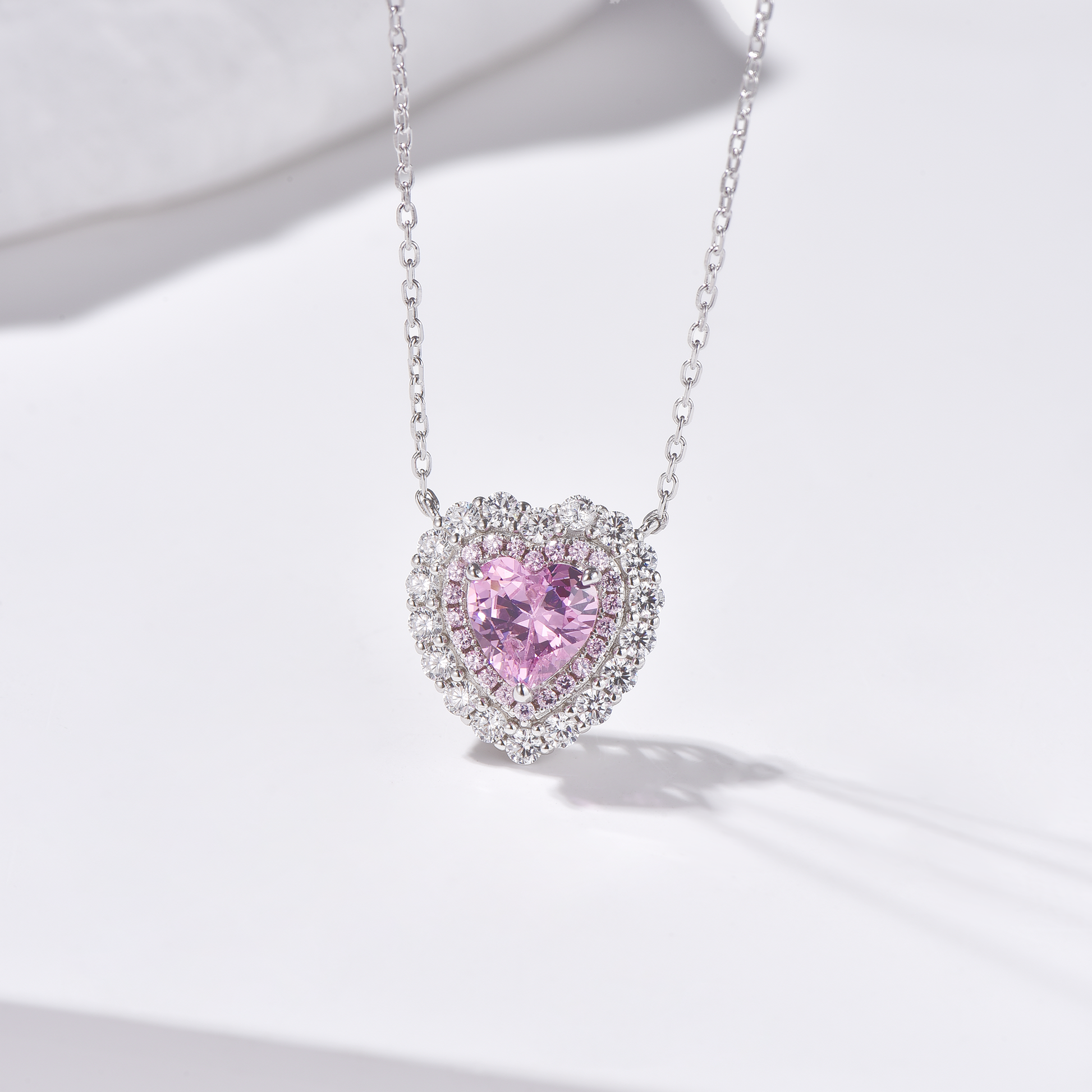 Double Halo Heart Cut High Carbon Diamond Pendant Necklace - Rhodium Plated Sterling Silver - Pink - Necklace - ONNNIII