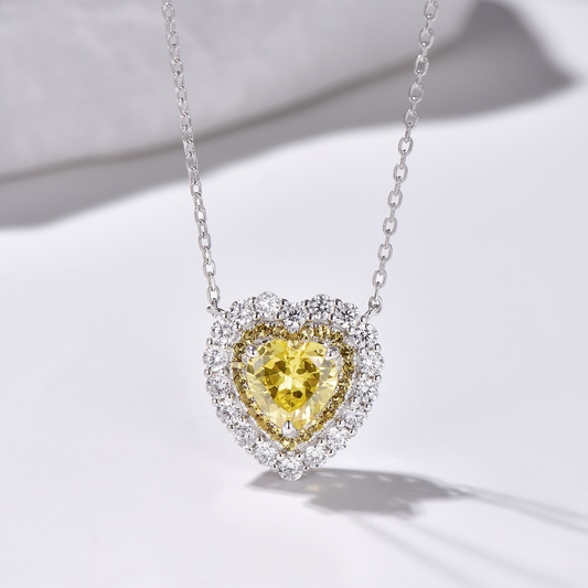 Double Halo Heart Cut High Carbon Diamond Pendant Necklace - Rhodium Plated Sterling Silver - Yellow - Necklace - ONNNIII