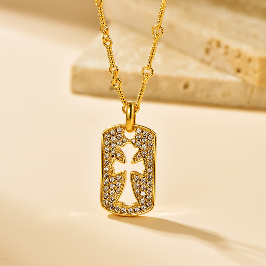 Hollow Cross Pavé Pendant Necklace - 18K Gold Plated - Necklace - ONNNIII