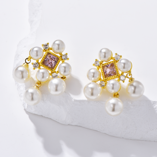 Pearl Chandelier Earrings with Pink Cubic Zirconia - 18K Gold Plated - Earrings - ONNNIII