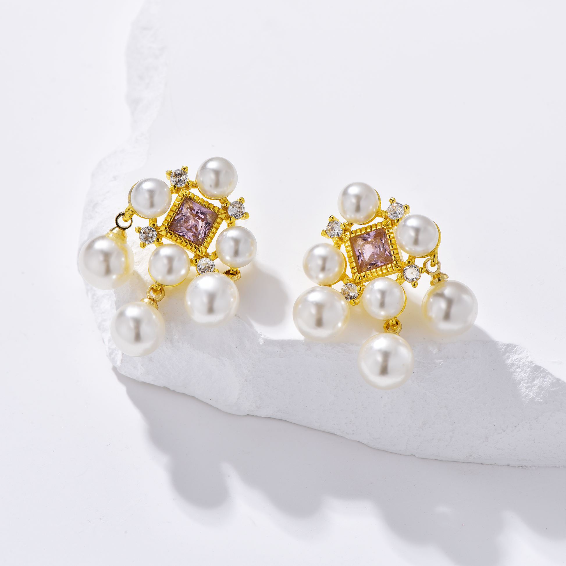 Pearl Chandelier Earrings with Pink Cubic Zirconia - 18K Gold Plated - Earrings - ONNNIII