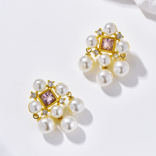 Pearl Chandelier Earrings with Pink Cubic Zirconia - 18K Gold Plated - Earrings - ONNNIII