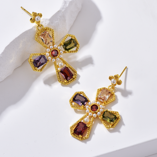 Cross Drop Earrings in Multi-Colour CZ - 18K Gold Plated - Pearl Inlaid - Earrings - ONNNIII