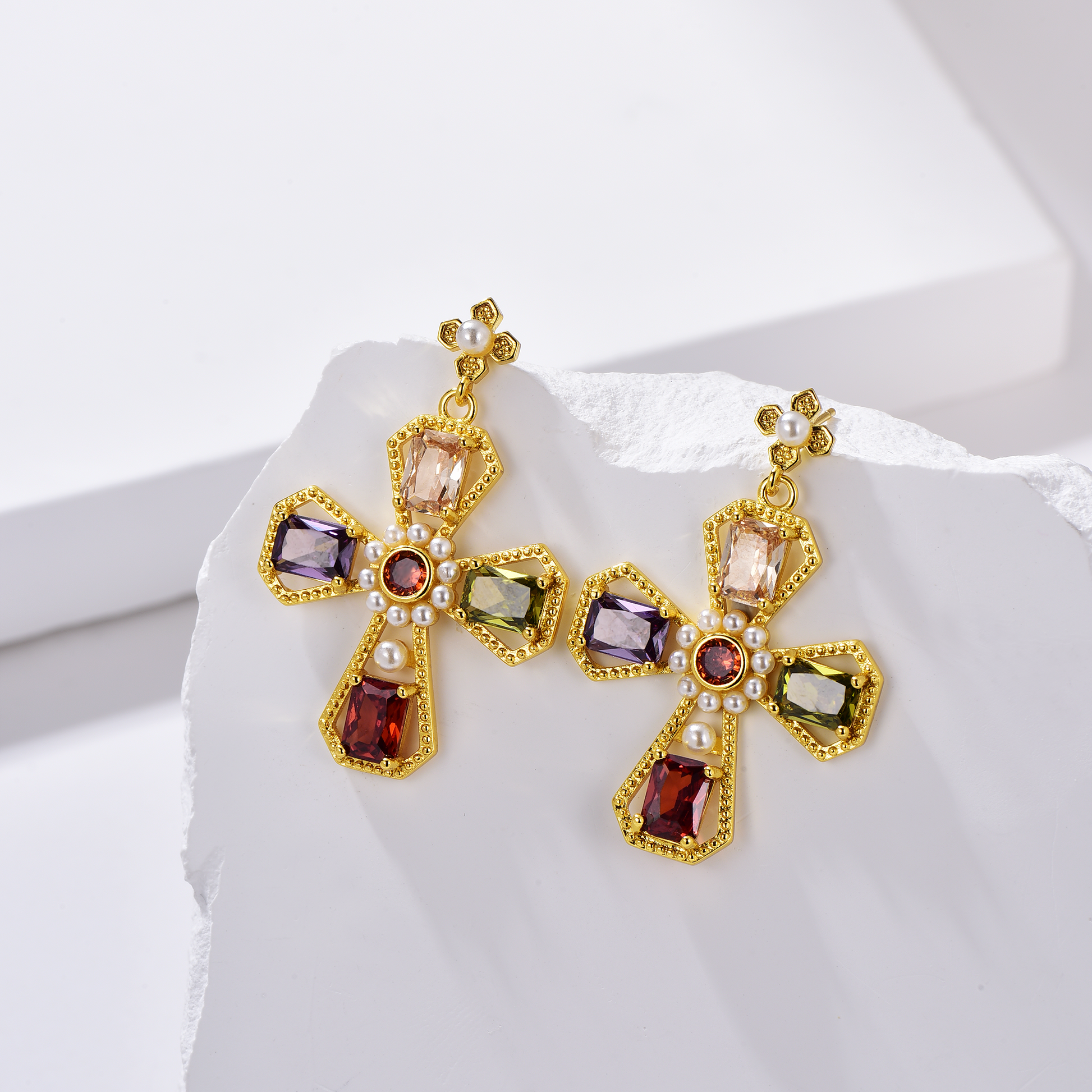 Cross Drop Earrings in Multi-Colour CZ - 18K Gold Plated - Pearl Inlaid - Earrings - ONNNIII