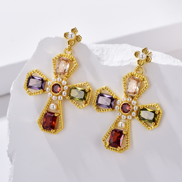 Cross Drop Earrings in Multi-Colour CZ - 18K Gold Plated - Pearl Inlaid - Earrings - ONNNIII