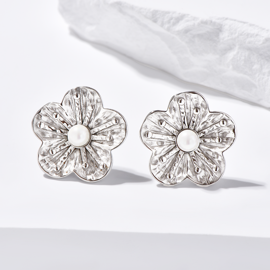 Flower Earrings Inlaid with Pearl - Silver - Earrings - ONNNIII