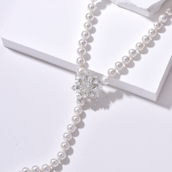 Snow Flower CZ Pearl Beaded Drop Necklace - Worn in 4 Ways - White - Long Necklace - ONNNIII