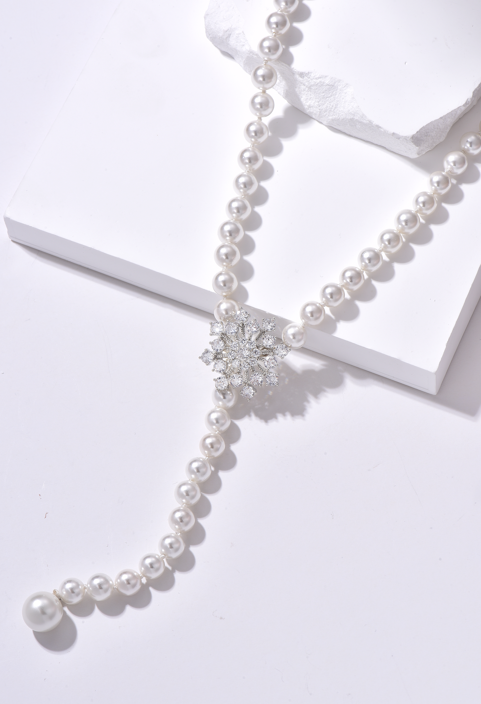 Snow Flower CZ Pearl Beaded Drop Necklace - Worn in 4 Ways - White - Long Necklace - ONNNIII