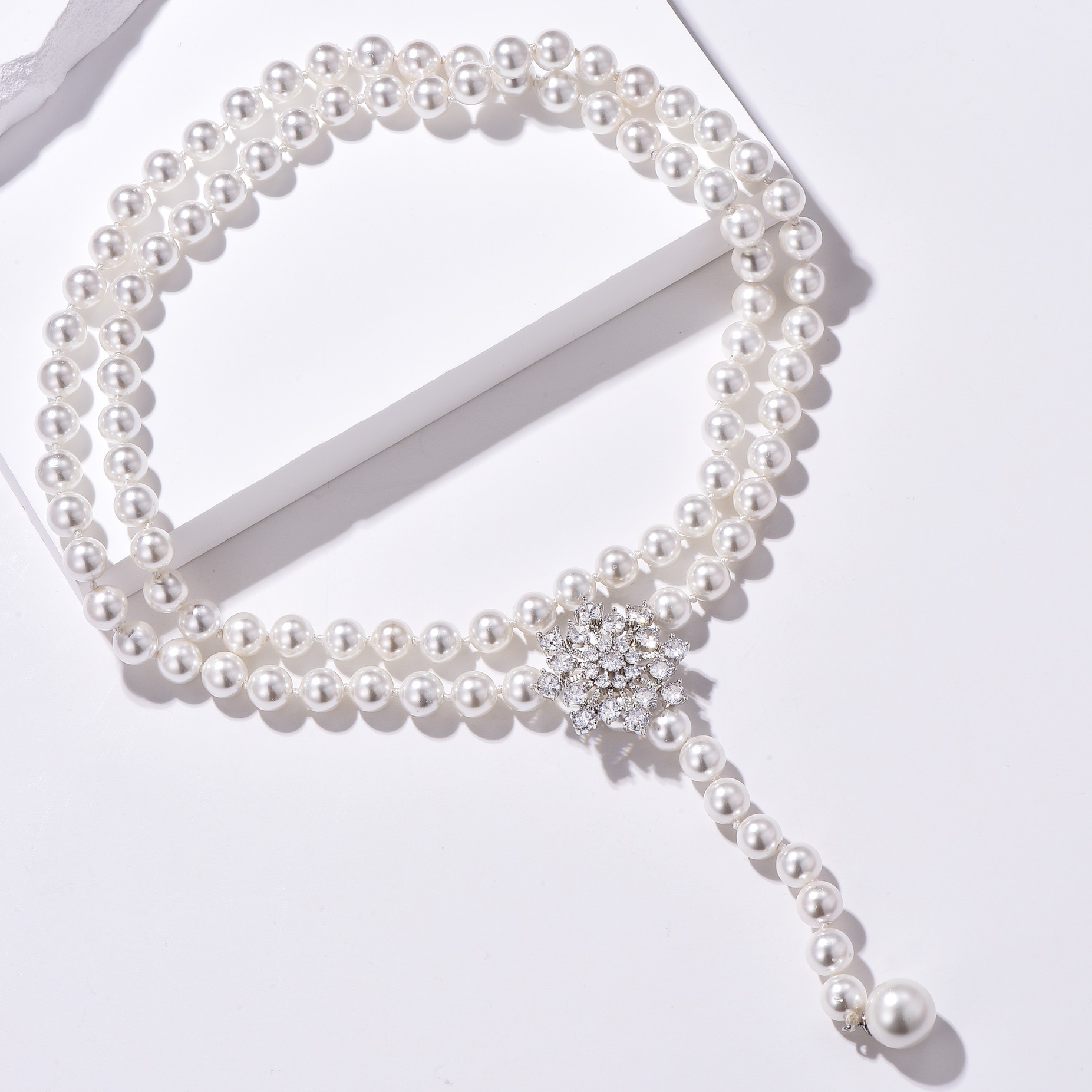 Snow Flower CZ Pearl Beaded Drop Necklace - Worn in 4 Ways - White - Long Necklace - ONNNIII