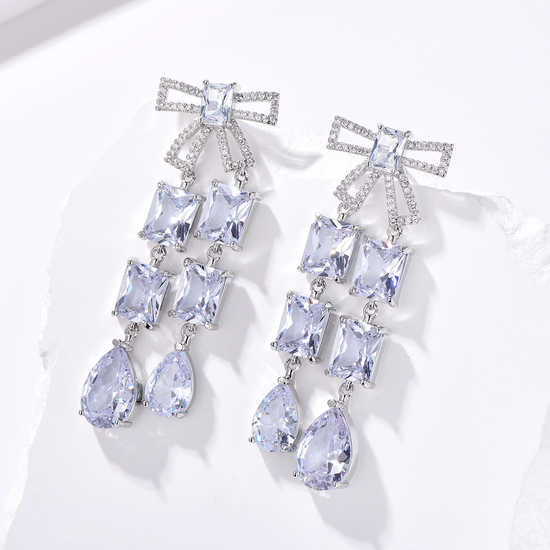 Pear Radiant Cut Cubic Zirconia Drop Earrings with Bow - Aquamarine - Earrings - ONNNIII