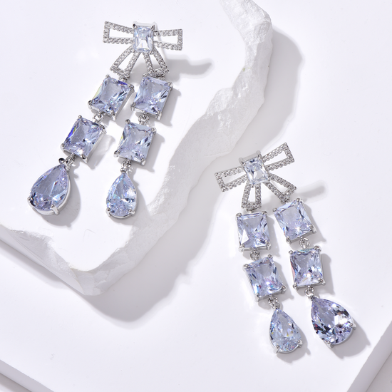 Pear Radiant Cut Cubic Zirconia Drop Earrings with Bow - Aquamarine - Earrings - ONNNIII