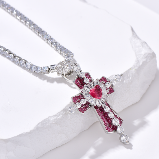 Red Heart Pavé Cross Pendant Tennis Necklace - Unisex - Cubic Zirconia - Necklace - ONNNIII