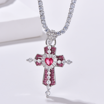 Red Heart Pavé Cross Pendant Tennis Necklace - Unisex - Cubic Zirconia - Necklace - ONNNIII