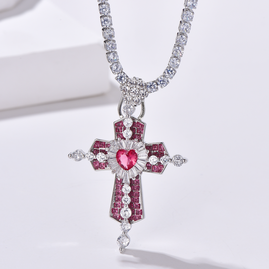 Red Heart Pavé Cross Pendant Tennis Necklace - Unisex - Necklace - ONNNIII