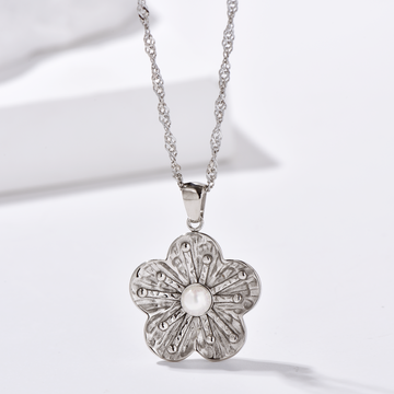 Flower Pendant Necklace Inlaid with Pearl - Hypoallergenic - Necklace - ONNNIII