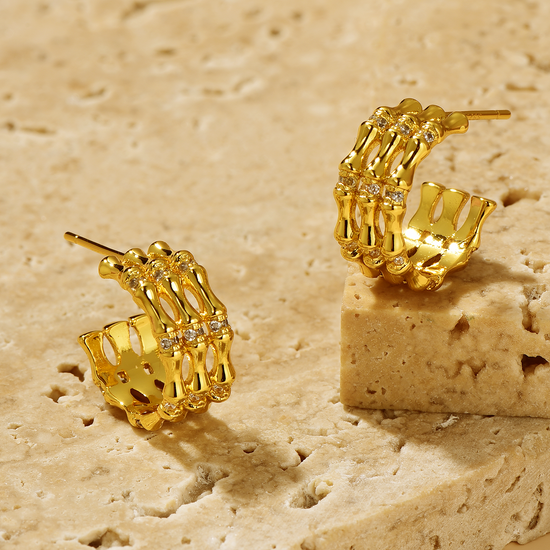 Bamboo Triple Band Stud Earrings - CZ Inlaid - 18K Gold Plated - Earrings - ONNNIII