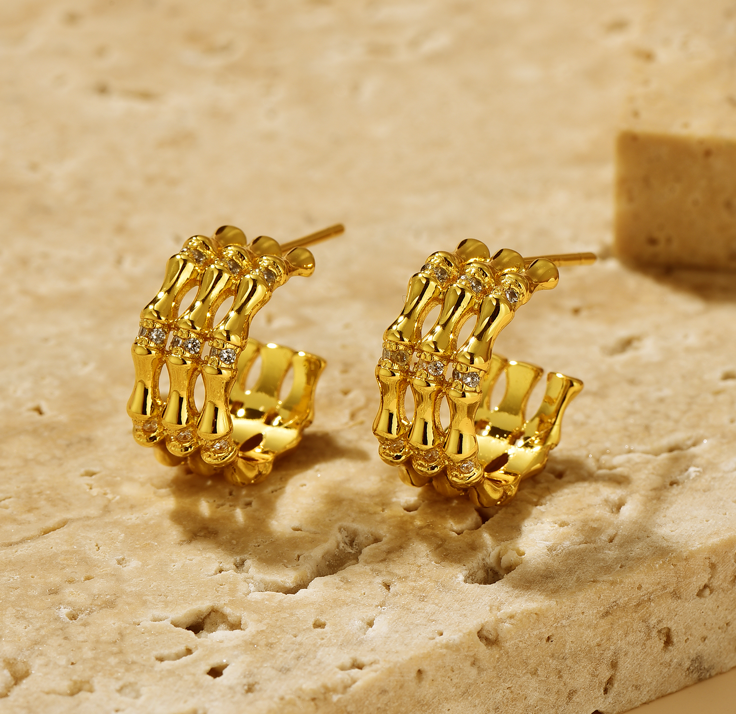 Bamboo Triple Band Stud Earrings - CZ Inlaid - 18K Gold Plated - Earrings - ONNNIII