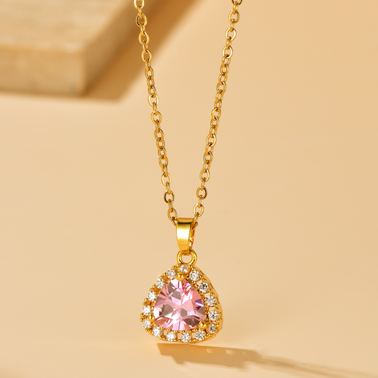Halo Triangle CZ Pendant Necklace - 18K Gold Plated - Hypoallergenic - Pink - Necklace - ONNNIII