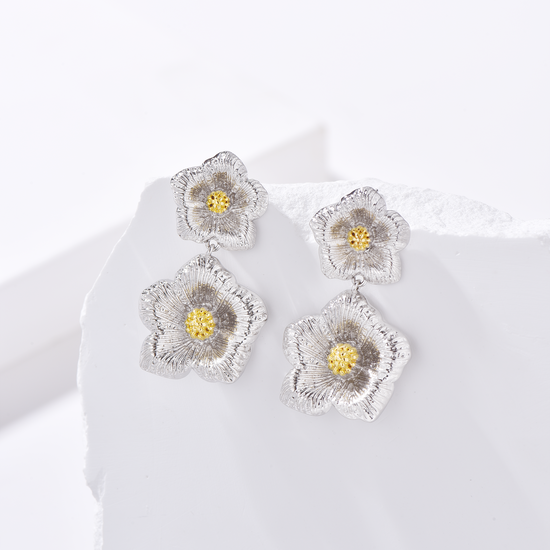 Dual Flower Bold Drop Earrings - Silver - Earrings - ONNNIII