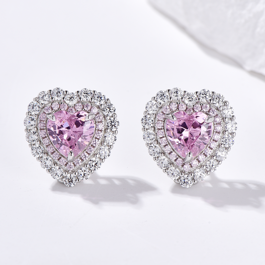 Double Halo Heart Cut High Carbon Diamond Stud Earrings - Rhodium Plated Sterling Silver - Pink - Earrings - ONNNIII