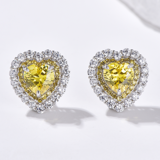 Double Halo Heart Cut High Carbon Diamond Stud Earrings - Rhodium Plated Sterling Silver - Yellow - Earrings - ONNNIII