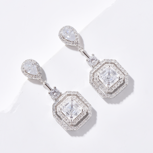 3 Stone Drop Earrings - Halo Pear Round Asscher Cut High Carbon Diamonds - Rhodium Plated Sterling Silver - Earrings - ONNNIII