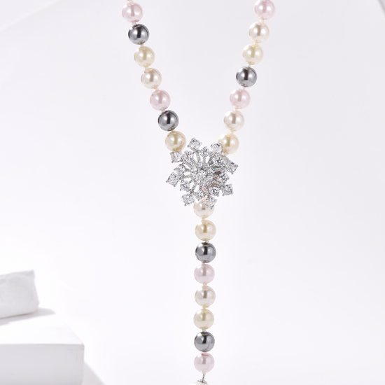 Snow Flower CZ Pearl Beaded Drop Necklace - Worn in 4 Ways - White - Long Necklace - ONNNIII