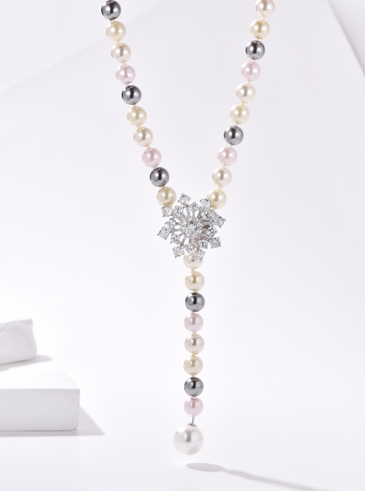 Snow Flower CZ Pearl Beaded Drop Necklace - Worn in 4 Ways - Multicolour - Long Necklace - ONNNIII