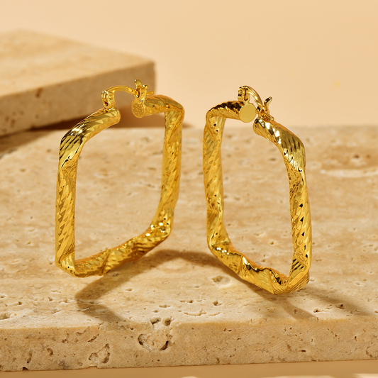 Square Twist Textured Hoop - 14K Gold Plated - Earrings - ONNNIII