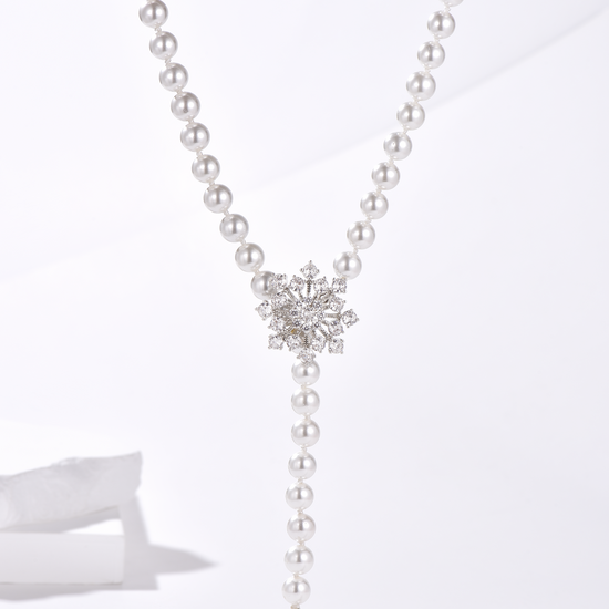 Snow Flower CZ Pearl Beaded Drop Necklace - Worn in 4 Ways - White - Long Necklace - ONNNIII