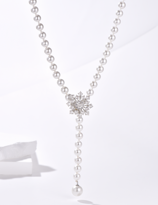 Snow Flower CZ Pearl Beaded Drop Necklace - Worn in 4 Ways - White - Long Necklace - ONNNIII