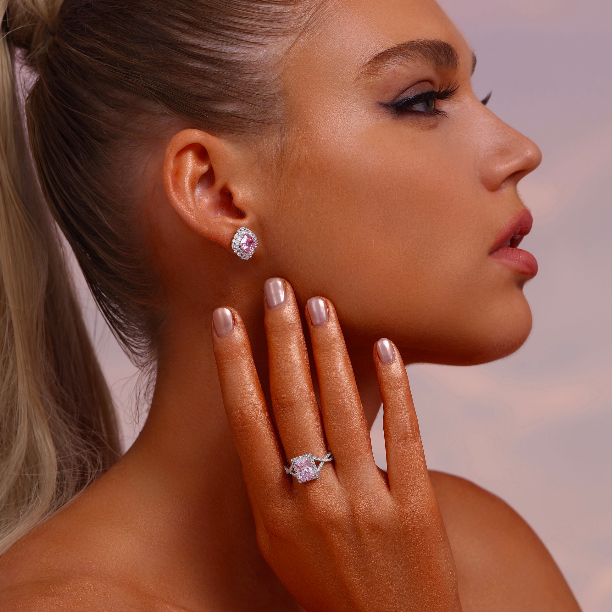 Double Halo Asscher Cut High Carbon Diamond Stud Earrings - Rhodium Plated Sterling Silver - Pink - Earrings - ONNNIII