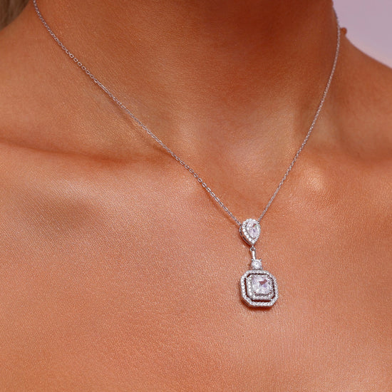 3 Stone Pendants Necklace - Halo Pear Round Asscher Cut High Carbon Diamonds - Rhodium Plated Sterling Silver - Necklace - ONNNIII