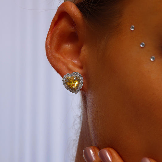 Double Halo Heart Cut High Carbon Diamond Stud Earrings - Rhodium Plated Sterling Silver - Yellow - Earrings - ONNNIII