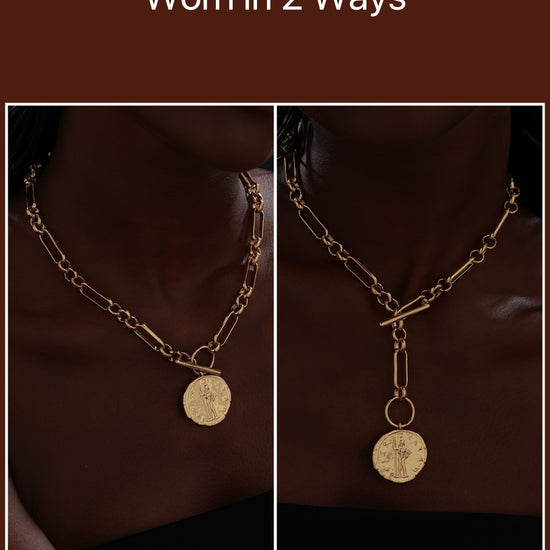 T-bar Curb Chain Necklace with Ancient Coin - Unisex - 18K Gold Plated - Necklace - ONNNIII